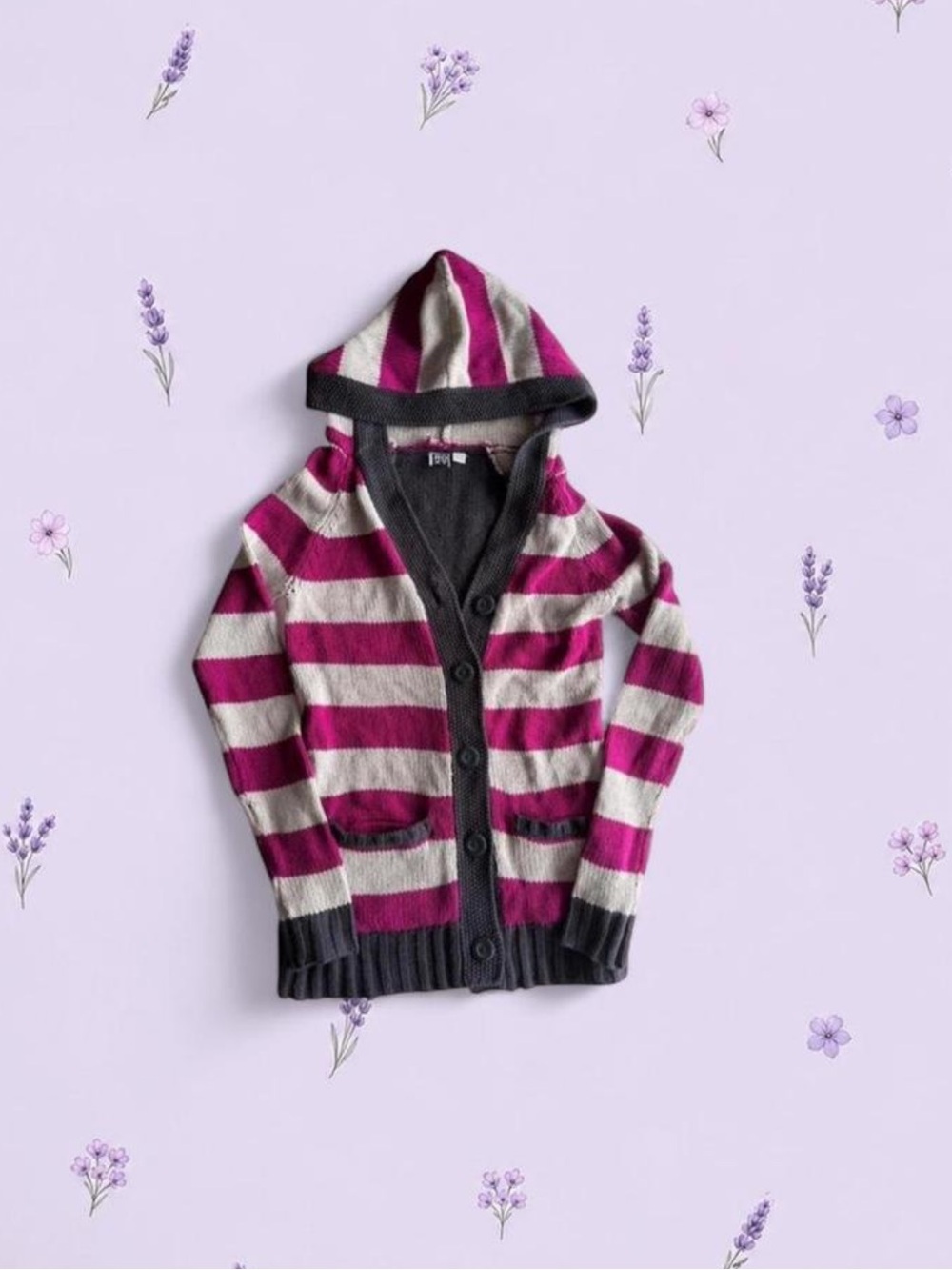 Roxy Hooded Stripe Cardigan - magenta, grey and cream